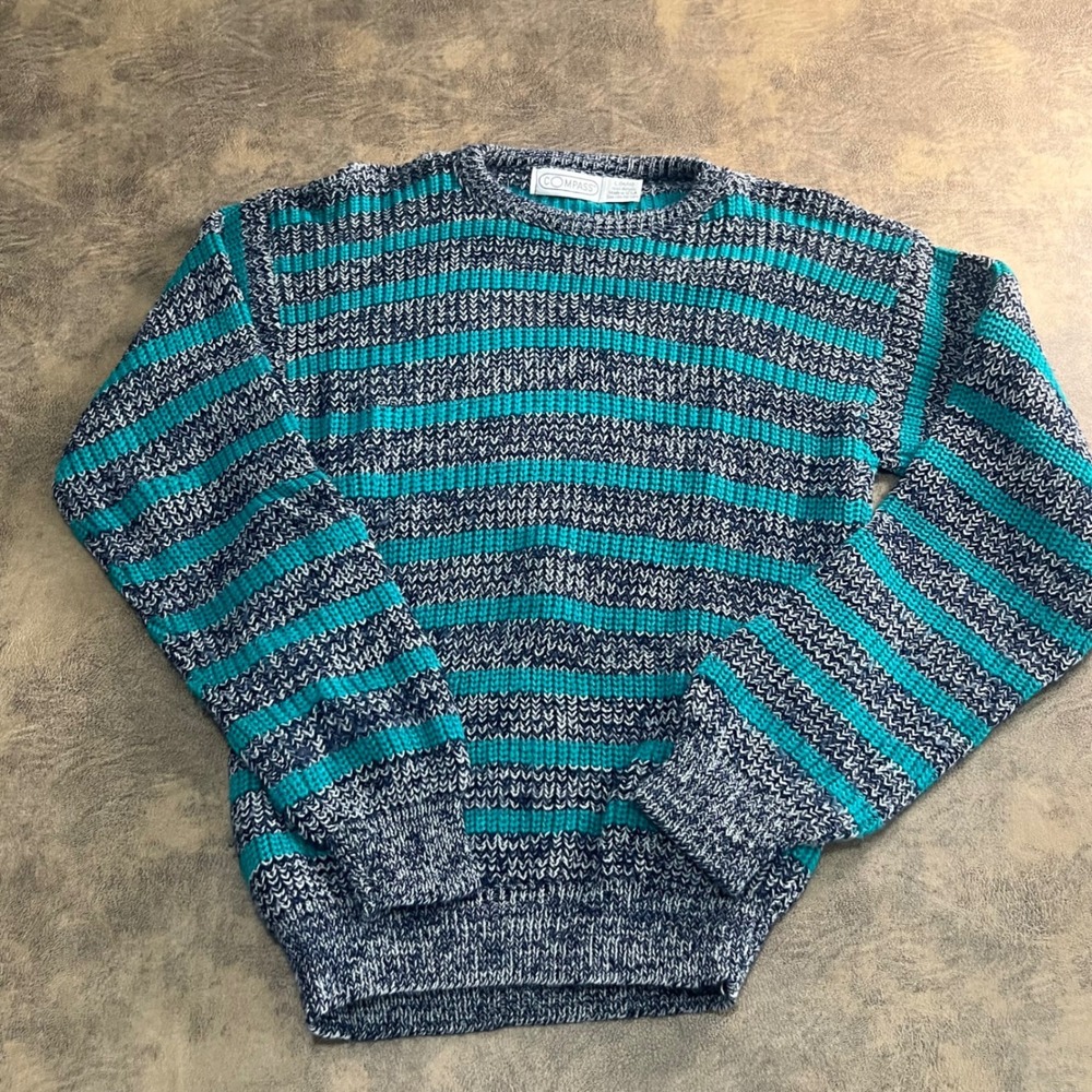 Compass Striped Knit‎ Sweater Boys Size L 14/16 Teal Blue Vintage Made in USA